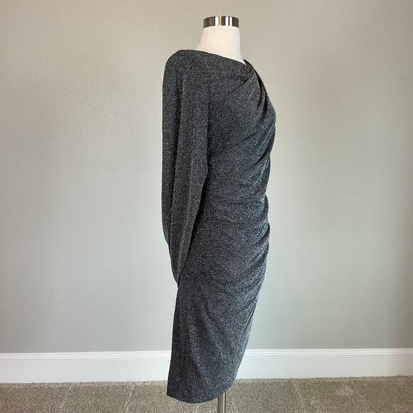 Avery G Black Midi Sheath Cocktail Dress Size 8 Metallic Knit Draped Back - Picture 3 of 14